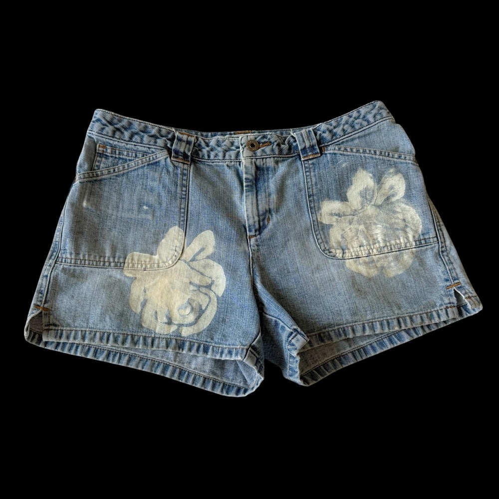 Y2K Old Navy Blue Jeans‎ Women 8 Denim Shorts Floral Custom Painted Blue Pocket